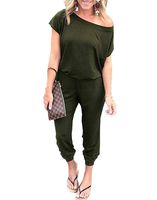 PRETTYGARDEN Women Casual Short Sleeve One Shoulder Solid Waisted Long Jumpsuit Romper Green