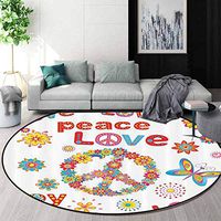 RUGSMAT 1960S Decorations Collection Dining Room Home Bedroom Carpet Floor Mat,Flower Power Sunlights Sunny Love Peace Joy Floral Spring and Festival Wreath Design Non Slip Rug,Round-63 Inch Red Pink