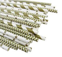 JPACO Festive Paper Straws (75 Pack, GOLD Stripe, Chevron, Star Designs) Biodegradable Eco Friendly Disposable Party Straws for Christmas Party & Events