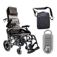 Karman VIP-515 Aluminum Lightweight Transport Wheelchair, Upgraded to Elevating Legrests, 18"W X 16"D Seat, Adjustable Armrests & Free 130 dB Silver Safety Alarm/Siren! + Front Zip Pocket Bag Black!