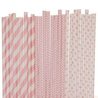 Pink Paper Straw Mix - Chevron, Polka Dot, Striped (25)