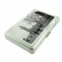 Cigarette Case with Built in Lighter Vintage London England Europe S6 Smoking King Size Cigarettes Silver Metal Wallet 4" X 2.75" RFID Protection Big Ben