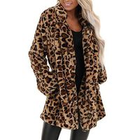 HIRIRI Leopard Faux Fur Coat for Women Parka Long Sleeve Winter Warm Overcoat Lapel Pocket Cardigan Jacket Brown