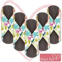 Sanitary Reusable Cloth Menstrual Pads by Heart Felt. XL 5 Pack Washable Natural Organic Napkins with Charcoal Absorbency Layer. Overnight XL Pads for Comfort Support and Incontinence