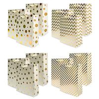 UNIQOOO 12Pcs Premium Assorted Gold Foil Metallic Gift Bags Bulk,100%Recyclable Heavy Duty, Ribbon Handle, For Gift Wrapping,Easter Stuffer, Wedding Birthday Party Favor Paper Bag,Large12.5X10.5X4Inch