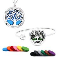 KiKi Aroma 2PCS Essential Oil Diffuser Necklace & Diffuser Bangle | Stainless Steel Aromatherapy Perfume Set | 12 Multi-Color Refill Pads | 2 Velvet Gift Bags | Tree of Life Necklace & Bangle