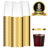 100 Gold Plastic Cups 8 Oz Clear Plastic Cups Tumblers Gold Rimmed Cups Fancy Disposable Wedding Cups Elegant Party Cups with Gold Rim