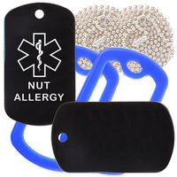 Custom 2 Pack - Nut Allergy Medical Alert ID Necklaces with Black Custom Tags, Blue Silencers, and 30'' USA Chains