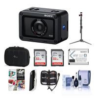 Sony RX0 Ultra-Compact Waterproof Digital Camera with Zeiss 24mm Lens - Bundle with Camera Case, 2 Pack 32GB MicroSDHC Card, Spare Battery, Cleaning Kit, Software Package, Table Top Tripod, and More