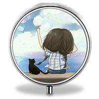 Girl and Cat Pill Case, Round Stainless Drug Organizer Container Medicine Cover for Pocket Daily&Weekly