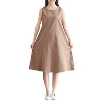 Vintage Summer Casual Cute Women Cotton Linen Sleeveless Loose Midi Dress Khaki