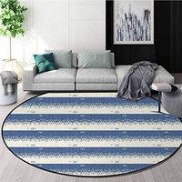 Floral Modern Machine Washable Round Bath Mat,Bicolored Composition Of Daisy Silhouettes On Striped Abstract Background Non-Slip Living Room Soft Floor Mat Diameter-35 Inch,Violet Blue Beige