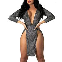 JQjian Sexy Women Deep V Fashion Bandage Bodycon Evening Party Nightclub Split Hem Mini Dress (S, Dark Gray)
