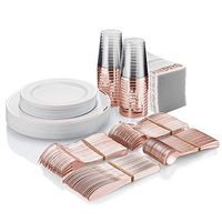25 Guest Disposable Rose Gold Heavy Duty Plastic Dinnerware Set | 50 Forks, 25 Spoons, 25 Knives, 25 Dinner Plates, 25 Dessert Plates & 25 Cups | Bonus 50 Guest Towels