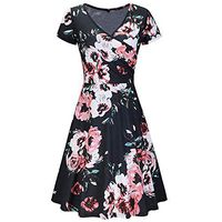 LONGDAY 🍁 Summer Short Sleeves Midi Dress Casual Tunic Mini Dress Wrap V-Neck Flowy Pockets Swing Floral Sundress Black