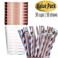 50 Rose Gold Rimmed Plastic Cups | 50 Rose Gold Fancy Paper Straws | Rose Gold Party Cups and Eco Friendly Paper Straws | 100 Piece Value Pack | Disposable Cocktail Glasses | 12 Oz Party Cups