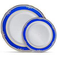 Laura Stein Designer Dinnerware Set | 32 Disposable Plastic Party Plates | White Wedding Plate with Blue Rim & Gold Accents | Includes 16 x 10.75" Dinner Plates + 16 x 7.5” Salad Plates | Cobalt Blue