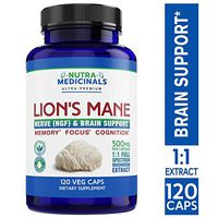 NutraMedicinals – Lion's Mane Mushroom Capsules – Nerve (NGF) & Brain Support – Natural Nootropic Supplement for Memory, Focus & Cognition – Non-GMO, Vegan, Organic (120 Caps, 1:1 Extract)