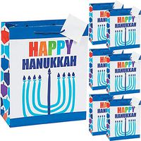 Hanukkah Menorah Gift Bag Medium, Premium Quality Chanukah Paper Bags with Menorah On The Front and Dreidels On The Sides, Tags Included (6-Pack)