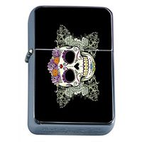 Sugar Skull Flip Top Oil Lighter A1 Smoking Cigarette Smoker Includes Silver Case