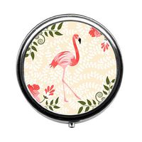 Qien BaiSei Red Flamingo with Flowers Pill Box/Pill case-Round Pill Box/case- Three-Compartment Pill Box/Pill case