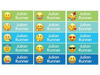Set 68 Personalized kid Name back to school Stickers cute 13 patterns emoji face (blue on glossy labels)
