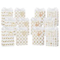 12 Pack of Christmas Gift Bags - with Tissue Paper and Note Tags Included - Premium Paper Bulk Variety Set - Medium - White and Gold