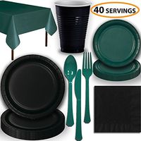Disposable Party Supplies, Serves 40 - Black and Hunter Green - Large and Small Paper Plates, 12 oz Plastic Cups, Heavyweight Cutlery, Napkins, and Tablecloths. Full Two-Tone Tableware Set