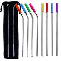 Sikye 8 Pcs Long Stainless Steel Drinking Straws with Silicone Cap + 2Pcs Cleaning Brushes + 1pc Bag - Dishwasher Safe