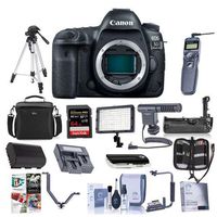 Canon EOS 5D Mark IV Digital SLR Camera Body USA Warranty - Bundle with 64GB U3 SDXC Card, Camera Case, Tripod, Spare Battery, Battery Grip, Video Light, Shotgun Mic Software Package and More