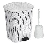 Superio Rattan (Wicker Style) Bathroom Set Toilet Brush and 6 Liter Compact Trash Bin (White and Black)