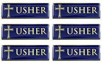 Gold Tone and Blue Enamel Metal Magnetic Badge for Church Volunteer or Elder, 3 Inch (Pack of 6, Usher)