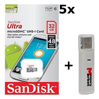 5 PACK - SanDisk Ultra 32GB UHS-I Class 10 MicroSDHC Memory Card Up to 48mb/s SDSQUNB-032G LOT OF 5 with USB 2.0 MemoryMarket dual slot MicroSD & SD Memory Card Reader