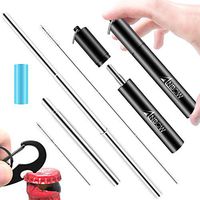 Reusable Travel Stainless Steel Telescopic Straws - ANBOW Metal Portable Retractable straw Drinking Straw with Case Keychain, Cleaning Brush and Silicone Tips (Black)