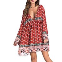HNTDG Fashion Women Sexy Deep V-Neck Summer Beach Bohemian Sundress Loose Short Print Loose Long Sleeve Dress Red