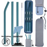 XTRAW Premium Reusable Glass Drinking Straws with Carrying Case and Protective Pouch Bag, Set of 3 with Protective Straw Stand, Cleaning Brush, Cleaning Cloth, Wheat Straw Plastic Travel Case (Blue)