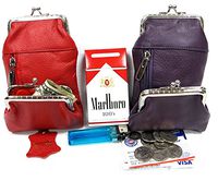 Two Color Pair Women's Genuine Leather Cigarette Case+ Coin Match Lighter Holder Pocket - 1PURPLE +1RED