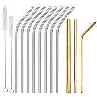 11 Pieces Stainless Steel Reusable Straw Set with 2 Cases and 2 Brushes(Gold)