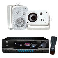 Pyle Stereo Receiver with Waterproof Speaker Package - PT260A 200 Watts Digital AM/FM Stereo Receiver Amplifier - PDWR30W 3.5'' Indoor/Outdoor Waterproof On-Wall Speakers (White) (Pair)