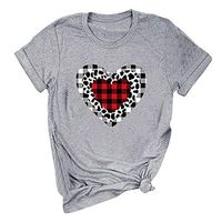 Sunhusing Women's Leopard Plaid Heart Pattern Print Solid Color Round Neck Casual Short Sleeve T-Shirt Tops(Gray,2XL)
