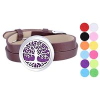 Tree of Life Aromatherapy Essential Oil Diffuser Bracelet Stainless Steel Locket Bangle Brown PU Leather Band 12 Refill Pads