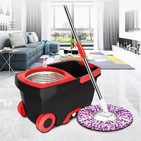 Spin Mop Bucket with 2X Wheels Stainless Steel Deluxe 360 Spinning Mop Bucket Floor Cleaning System with 1 Microfiber Replacement Head Refills,47" Extended Handle for Home Commercial Cleaning (Black)