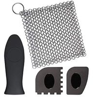 Cast Iron Cleaner with Pan Grill Scrapers, Gzingen 8"x6" Cast Iron Chainmail Scrubber 316L Stainless Steel Cookware Scrubber with Hot Handle Holder 2 Pan Scrapers for Skillet Grill Pan Pot Wok Griddle