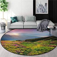 RUGSMAT Nature Modern Machine Washable Round Bath Mat,Summer Season Scene with Fresh Flowers Green Foliage Mountain Landscape Ukraine Non-Slip Soft Floor Mat Home Decor,Diameter-39 Inch