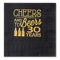 Crisky 30th Birthday Cocktail Napkins Black and Gold, Beverages Napkins for 30th Birthday Anniversary Decorations Cheers and Beers to 30 Years, 50 PCS, 3-Ply