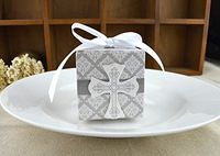 50pcs First Communion Favor Cross Candy Box Christening Baby Shower Wedding Party bomboniere wrap Holders with Ribbons