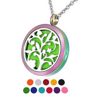 HOUSWEETY Aromatherapy Essential Oil Diffuser Necklace-Stainless Steel Tree of Life Locket Pendant,11 Refill Pads (Engraving)