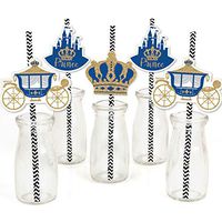 Royal Prince Charming - Paper Straw Decor - Baby Shower or Birthday Party Striped Decorative Straws - Set of 24