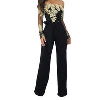 Corriee Jumpsuit for Women Elegant Long Sleeve Off The Shoulder High Waisted Wide Leg Romper with Belt Black