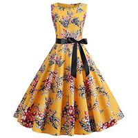 SADUORHAPPY Women's Vintage Print Sleeveless Evening Party Prom Swing Dress with Belt Orange